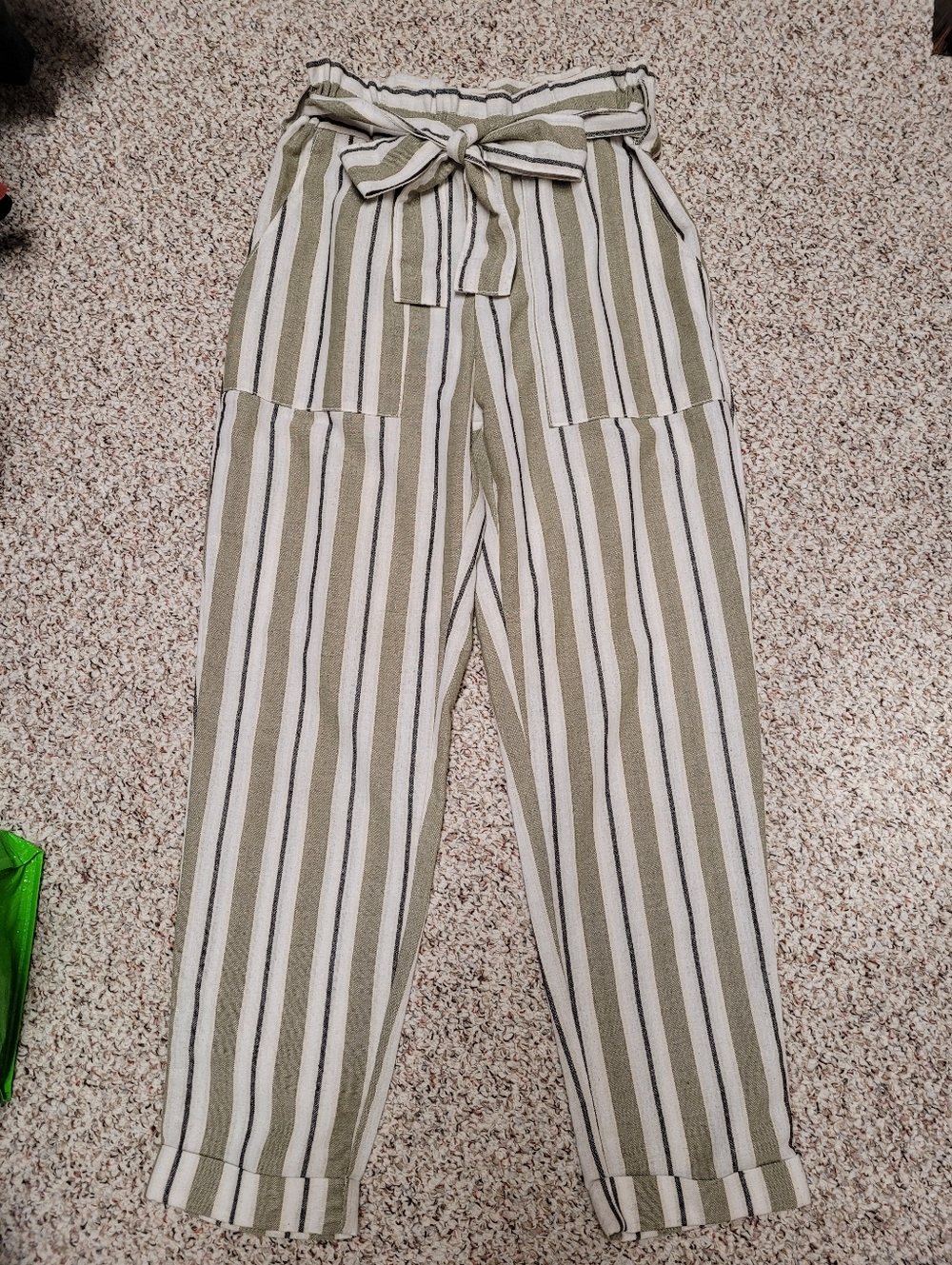 Green, Black, and White Stripe Tie-Waist Pants